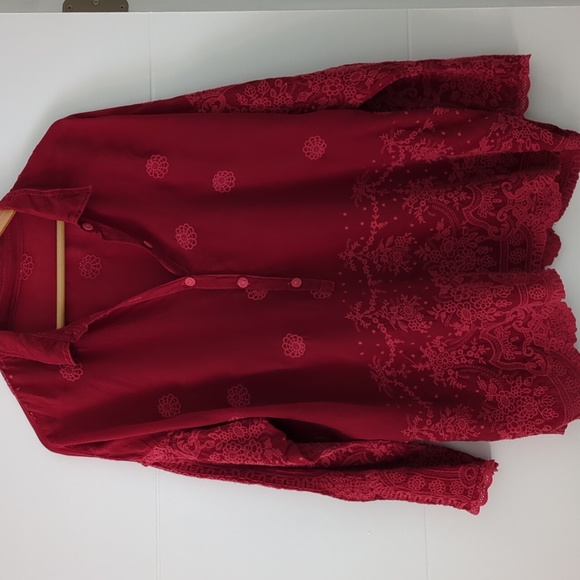 Johnny Was Tops - Johnny Was Antik Red Floral Oversized Embroidered Long Sleeve Blouse Tunic
